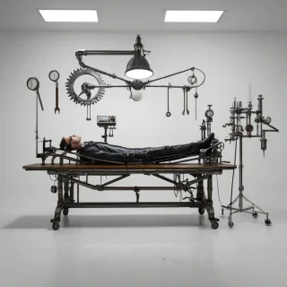Dark steampunk science lab, empty operating table, spotlight, metal lab tools on wall, full-body view, plain white background