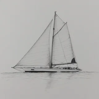Sketch drawing of a big sail boat out on the open water, with a wide shot and full-body view of the boat, including the sails, hull, and deck, set against a plain white background, in a realistic style with bold lines and minimal shading