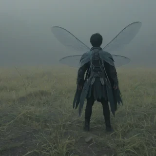 A man in loose, thick clothing with dragonfly-inspired 2D anime wings, standing in a foggy, desolate grassland with subtle volumetric fog lighting