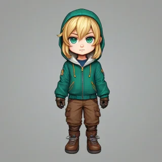 A very chibi RPG character in T-pose, wearing a green jacket with a hood, brown pants and shoes, blue eyes, blonde hair, and thick gloves, on a plain white background, full-body view with feet visible, illustration style, digital art, vibrant colors, high detail, extremely chibi proportions, on a plain white background, even lighting