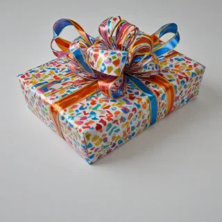 birthday present with colorful wrapping paper and a big ribbon and bow on it, wide angle , bright lighting, on a plain white background, even lighting