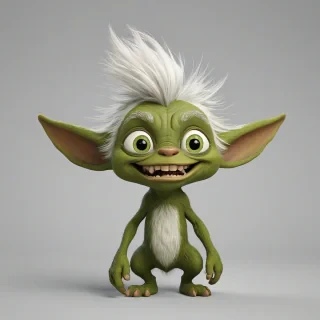 An olive green colored, small, mischievous, gremlin with long pointy ears, a tuft of white hair on its head, showing his pointy teeth, and big, pointy ears, scaly skin, cartoon style, on a plain white background, even lighting
