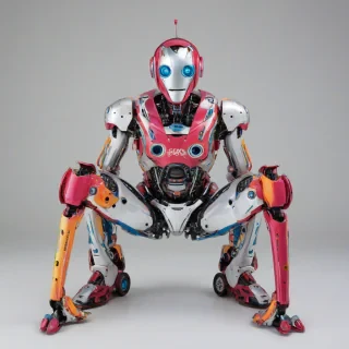A colorful, full-body view, wide shot, of a single, futuristic, robot, with a bold, pop art style, on a plain white background, with bright, vibrant, dynamic shadows, and hard rim light, and a fish-eye lens effect