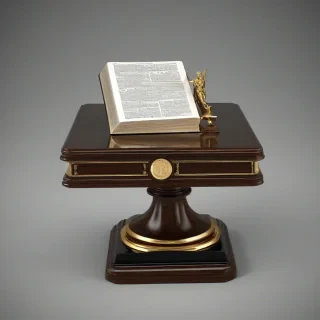 A highly detailed, realistic model of a prestigious trophy, featuring a solid, dark wood square pedestal base with a gold metal plaque on the front, a silver twisted metallic pillar rising from the base, and an open Holy Bible made of polished gold with visible page texture on top, rendered in high-resolution 8k with cinematic lighting and realistic textures, following a symmetrical design, full-body view, wide shot, with the entire trophy visible, on a plain white background, on a plain white background, even lighting