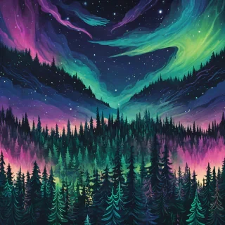 An illustration style colored drawing of a simple evergreen forest with the night sky visible from above filled with colorful aurora borealis with mixtures of green, pink, purple, and blue lights dancing in the sky