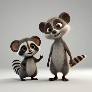 3d cartoon animation, one animal that has a mix of a baby mouse and a baby raccoon, bright and vivid colors, large eyes, short body, round features, tiny nose, tiny feet, cute, happy expression on its face, only one in the shot, full body visible, on a plain white background, even lighting