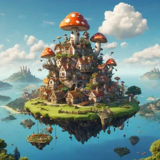 A majestic, isolated, floating island with cartoon style village with houses made of mushrooms, vivid colors, set against a clear blue sky with a few puffy white clouds, in a wide shot with the entire island visible, bright lighting, on a plain white background, on a plain white background, even lighting
