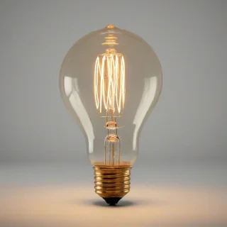 A highly detailed, photorealistic, full-body view of a lit up Edison style light bulb, with a warm golden glow, set against a plain white background, with a wide-angle shot, and a soft focus on the filament, in the style of a vintage photograph, on a plain white background, even lighting 