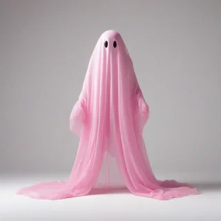 A pink ghost, full-body view, wide shot, contemporary style, bright lighting, plain white background, vibrant pink color, subtle transparency to give a ghostly appearance, on a plain white background, even lighting 
