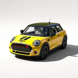 A bright yellow mini cooper, car with two black stripes on the front of the car, full-body view, on a plain white background, with a wide-angle shot, and dynamic shadows, in a digital art style