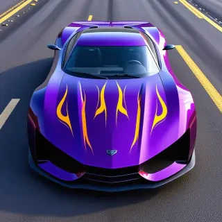 a sleek, futuristic purple car with orange flames painted on the hood