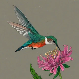 Flat art of a humming bird drinking nectar from a flower