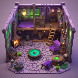 3d cartoon style interior of a witch's cabin, with purples and green colors, on square grid for isometric game asset, interior visible, with bright lighting,, on a plain white background, even lighting
