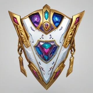 A stylized, chunky galaxy shield with embedded jewels, designed as a fun video game asset, featuring a wide shot with the chest's intricate details and colorful jewels on a plain white background, with a dynamic lighting effect to accentuate its textures and vibrant colors, masculine aesthetic, angular lines, and bold shapes.