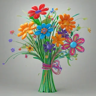 3d cartoon bouquet of flowers, bold lines, bright and vibrant colors,, on a plain white background, even lighting