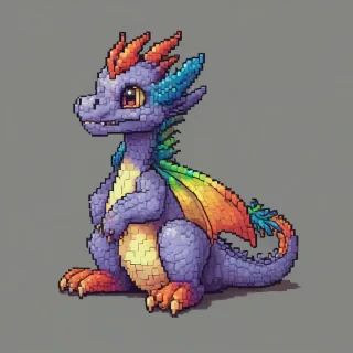 Pixel art of a small rainbow dragon sitting