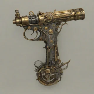 A intricately designed steampunk-inspired weapon, with brass and copper accents, set against a plain white background, rendered in a charcoal sketch style, with fine lines and shading, full-body view, wide shot, with visible textures and details, in a vintage, industrial atmosphere, with a sense of nostalgia and innovation, on a plain white background, even lighting