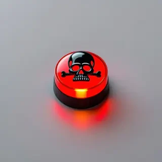 A red glowing button with an image of a black skull with crossed bones behind it on the top side of the button