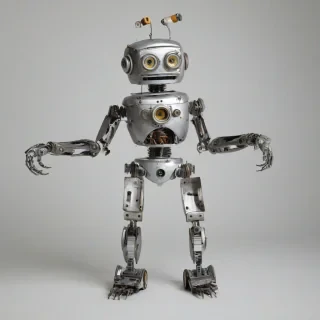 Bright, whimsical, cute robot made from spare car parts, full-body view, plain white background, on a plain white background, even lighting 