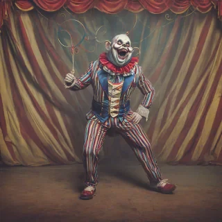 Colorful monster performing at circus, full-body view, creepy circus background