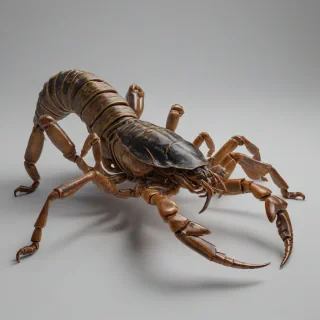 A highly detailed, realistic scorpion with intricate texture and coloration, viewed in a full-body wide shot, on a plain white background, with precise lighting that accentuates its exoskeleton, sharp tail, and eight legs, in a photorealistic style, on a plain white background, even lighting, on a plain white background, even lighting 