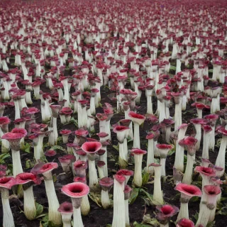 A field of corpse flowers, full-body view, plain white background, wide shot, vibrant colors