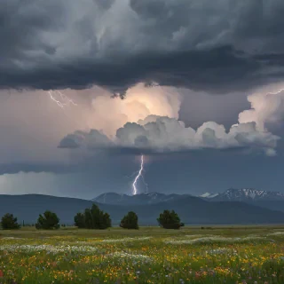 A meadow of wildflowers with rocky mountains along the horizon, there is a huge storm above with large cumulonimbus clouds illuminated with the flash of lightning bolts. The wildflowers in the meadow are being wildly blown around in the wind caused by the storm.