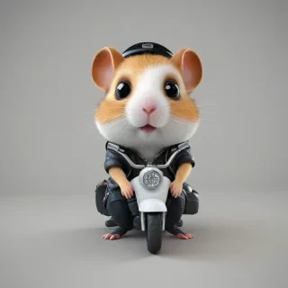 3d cartoon animation, cute hamster, dressed like a biker, with big eyes, rounded features, short body, tiny nose, tiny feet, vivid colors, wide angle shot, feet visible, on a plain white background, even lighting