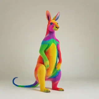 A rainbow kangaroo, full-body view, standing on a plain white background, with vibrant and bright rainbow colors, in a digital art style, with bold lines and textures, and a wide-angle shot
