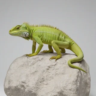 A realistic, full-body view of a pet lizard, specifically a lime green iguana, standing on a rock, with a plain white background, photorealistic style, high detail, and natural lighting, with the lizard's feet and tail visible, on a plain white background, even lighting 