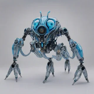 A full-body view of a biomechanical creature with a predominantly blue color scheme, incorporating elements of vaporwave art style, set against a plain white background, with a wide shot composition and soft, diffuse lighting, emphasizing the creature's mechanical and organic components in a futuristic and dreamlike atmosphere, on a plain white background, even lighting