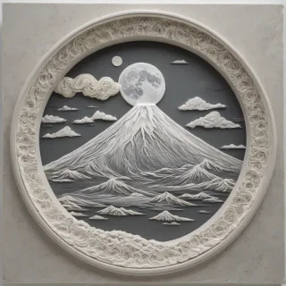 Front orthographic view of a 3D bas-relief carving of Mount Fuji with 50 cm depth, carved from painted light gray stone. Clouds only at the bottom in layered carved stone. A circular carved moon on the top right with a glowing LED rim. No background elements, no flooring, no grass, no walls. Only the stone carving inside a rectangular frame. Visible carving texture and shadows to show deep relief, on a plain white background, even lighting