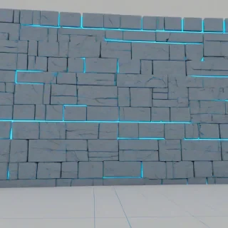 A full-body view of a vibrant, animation style blue stone wall with neon blue accents, set against a plain white background, with a wide-angle shot, in the style of animation with bold lines and bright colors, on a plain white background, even lighting 