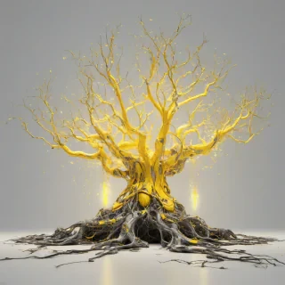 A majestic, vibrant yellow, enchanted tree, with glowing neon accents and metallic leaves, set against a plain white background, in a wide shot with the tree's roots and branches fully visible, in a futuristic, sci-fi style, with a sense of mysticism and wonder, digital art, on a plain white background, even lighting 