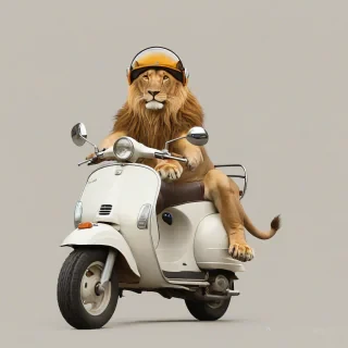 Lion driving a Vespa, wearing a helmet, in countryside, impressionism style, full-body view, plain white background