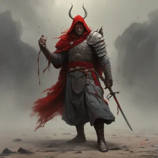 Digital art of a warrior wearing dramatically billowing robes, the warrior is walking towards the camera, his head is bowed down, red accent color, Michael Whelan and Marc Simonetti influenced art styles, intense mood