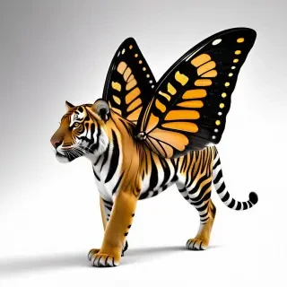 Tiger with black and orange striped wings attached to it's back