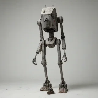 A World War 2 era AT-ST walker from Star Wars, with a full-body view, on a plain white background, in a wide shot, with visible feet, and a worn, battle-damaged appearance, in the style of Vietnam war equipment, with a muted color palette and dynamic shadows, and a sense of grit and realism, with a focus on the lower half of the walker, including its feet, on a plain white background, even lighting