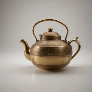 A brass tea pot with intricate engravings, full-body view, on a plain white background, with a warm, golden lighting and a shallow depth of field, in the style of a still life photography, on a plain white background, even lighting 