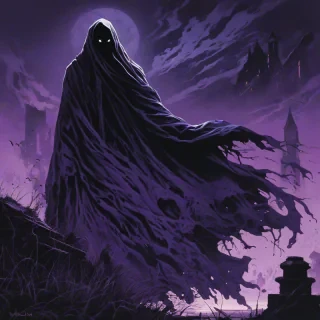 Digital silhouette art of a ghost, including a scene bustling with details, purple and black accent colors, Michael Whelan and Jeremy Mann art style influence