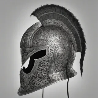 A charcoal, Renaissance-style, full-body view, highly detailed, ornate helmet, with intricate designs and patterns, on a plain white background, wide shot, with the helmet as the main focus, and dramatic lighting to accentuate its features, on a plain white background, even lighting, on a plain white background, even lighting 