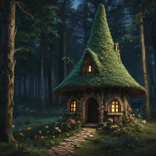a realistic fairy house in the woods at night