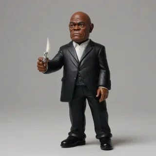 gnome version of Samuel L. Jackson in pulp fiction, wearing a black suit., on a plain white background, even lighting
