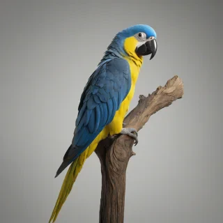 A blue parrot with vibrant yellow feathers around its eyes and beak, full-body view, standing on a perch, plain white background, digital art style, high detail, bright and colorful, dynamic lighting, wide-angle shot, on a plain white background, even lighting 