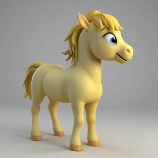 A cartoon style cute yellow colored baby horse with a smile, in 3D animation style, full-body view, with bright and vibrant colors, standing on a plain white background, with a wide-angle shot, and dynamic lighting, featuring a small, rounded body, large eyes, and a tiny nose, with a happy and playful expression, on a plain white background, even lighting, on a plain white background, even lighting 
