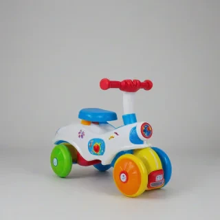 colorful ride-on toy, bright lighting, on a plain white background, even lighting