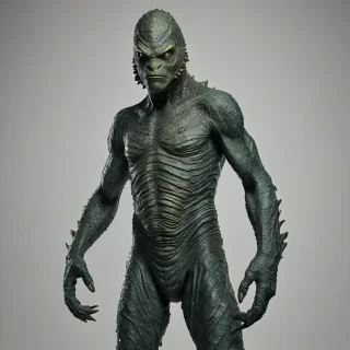 A full-body view of the Gill-Man from Creature From the Black Lagoon, a prehistoric humanoid amphibious creature with gills, scaly skin, and webbed hands and feet, standing on a plain white background, with a wide-angle shot, in the style of a classic horror movie poster, with a dark and ominous atmosphere, on a plain white background, even lighting
