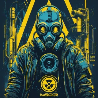 A Cyberpunk Propaganda Poster featuring a gasmask hacker as a symbol of rebellion or conformity within a dystopian society. Utilize a bold and graphic color palette with contrasting yellow and blue to create a powerful and impactful message