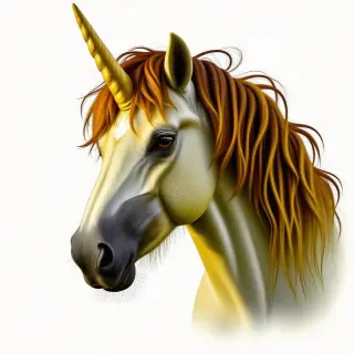 A unicorn head. The unicorn head has sharp teeth and its mane is read and it's fur is yellow