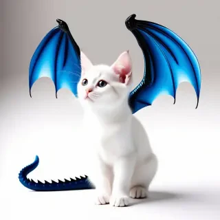 white kitten with big blue dragon wings on it's back, and the wings are open
